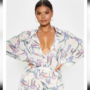 Pretty Little Thing Dusty Pink‎ Satin Floral Oversized Shirt Size 12, NWOT